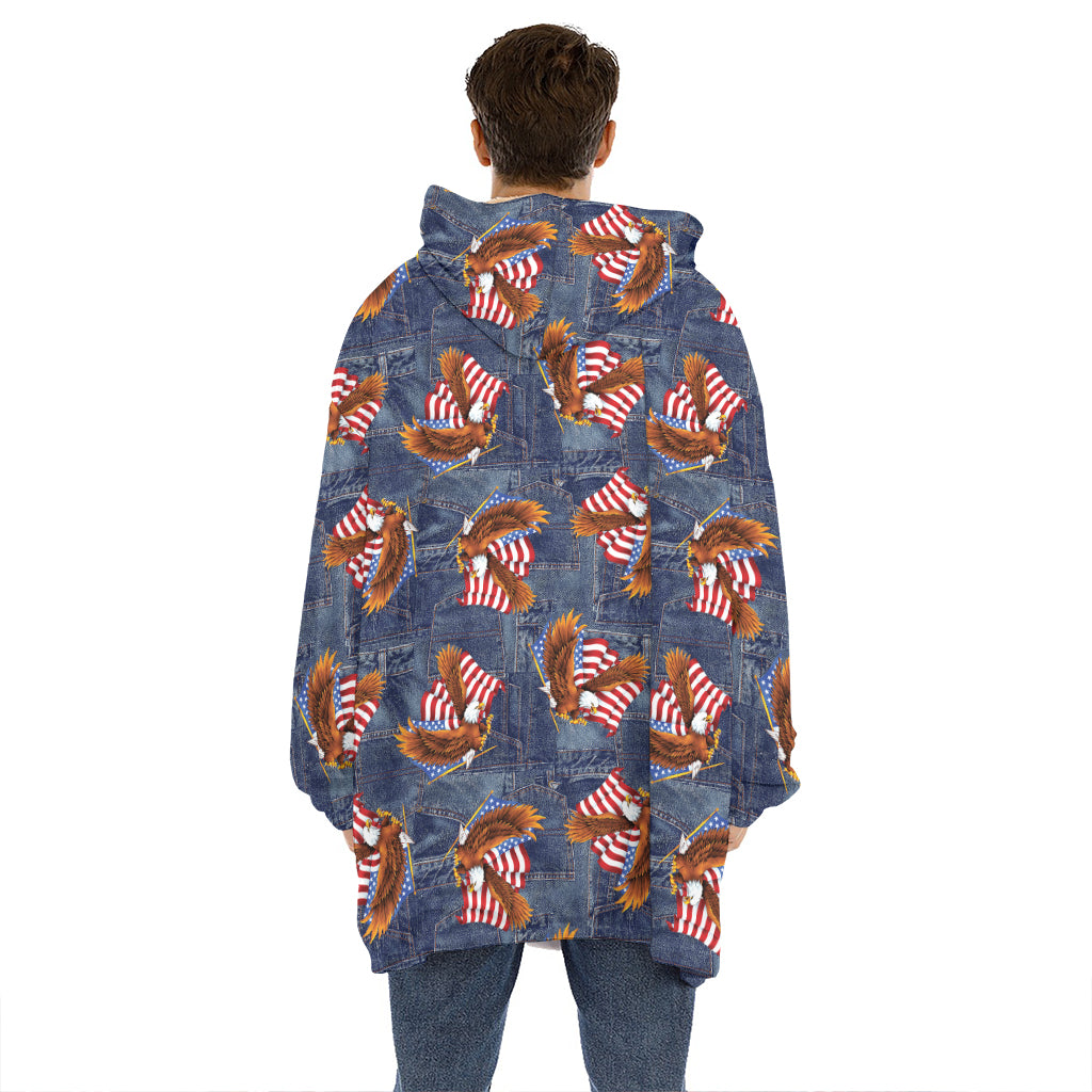 Denim American Eagle Pattern Print Hoodie Blanket