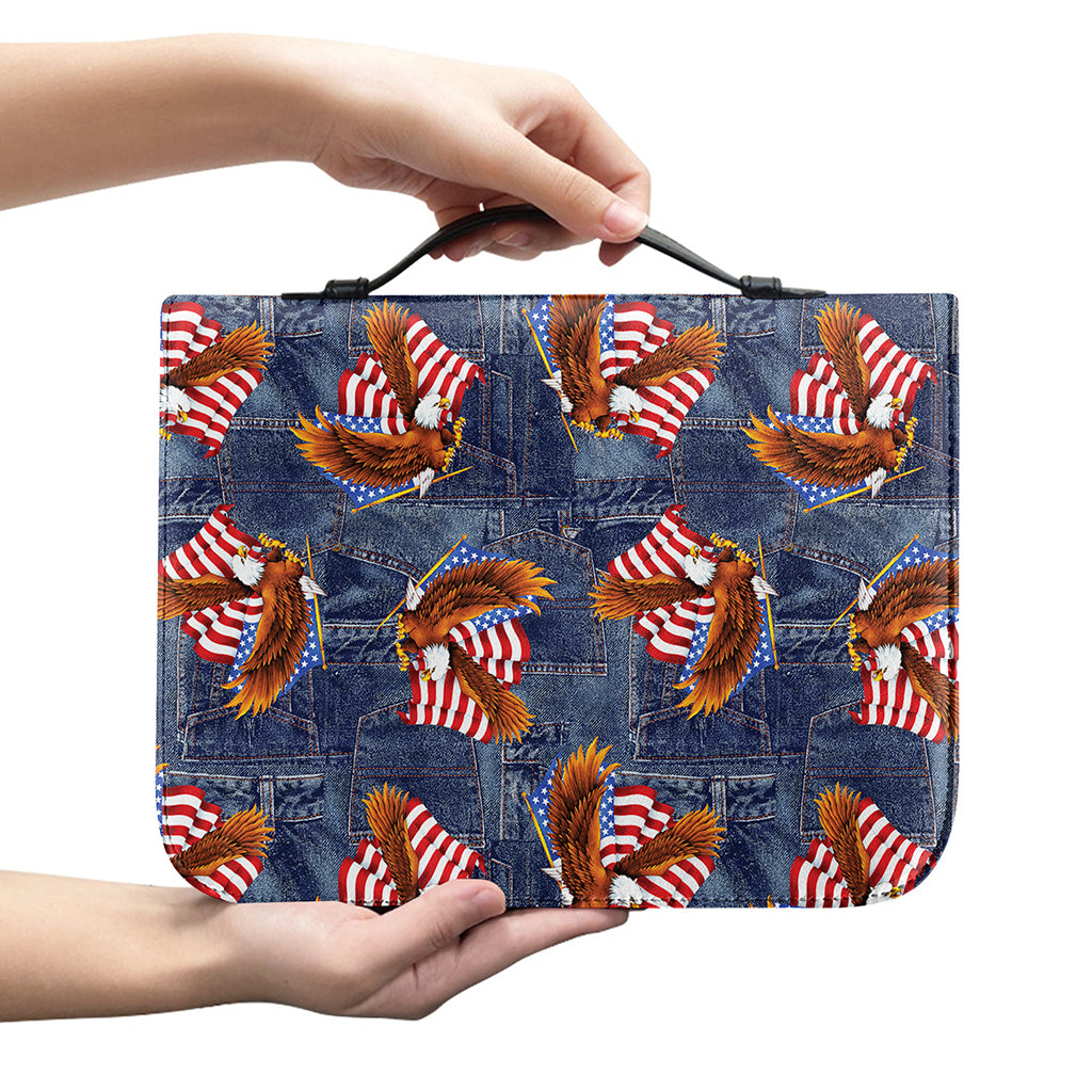 Denim American Eagle Pattern Print Leather Bible Cover