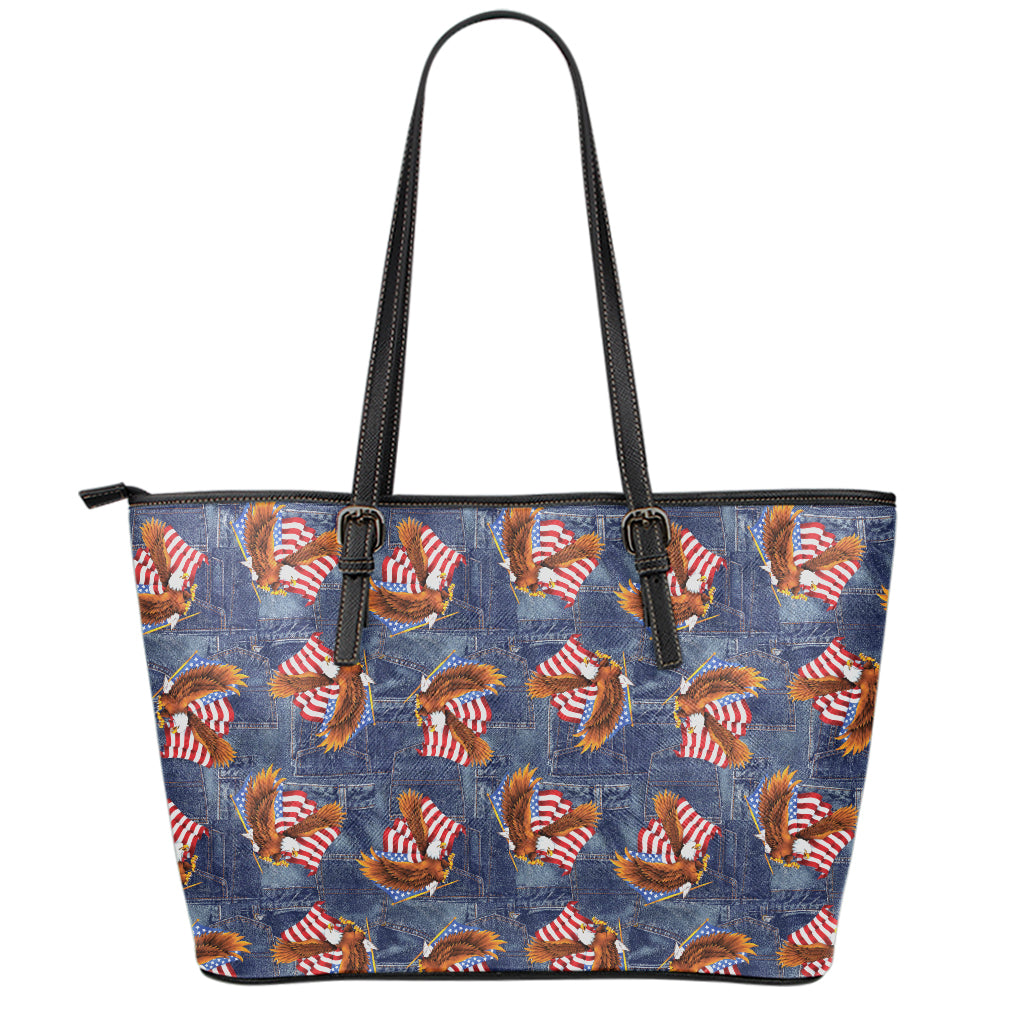 Denim American Eagle Pattern Print Leather Tote Bag