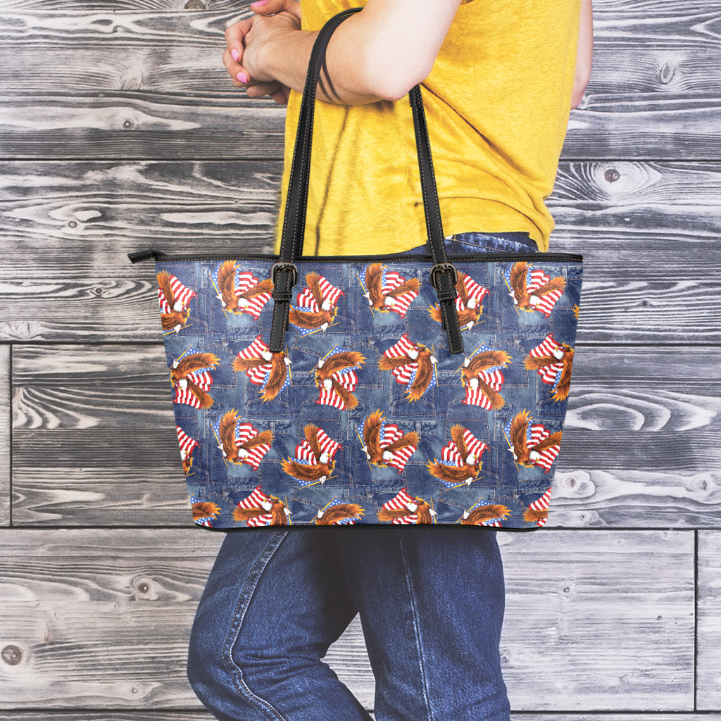 Denim American Eagle Pattern Print Leather Tote Bag