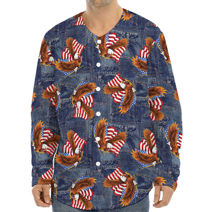 Denim American Eagle Pattern Print Long Sleeve Baseball Jersey