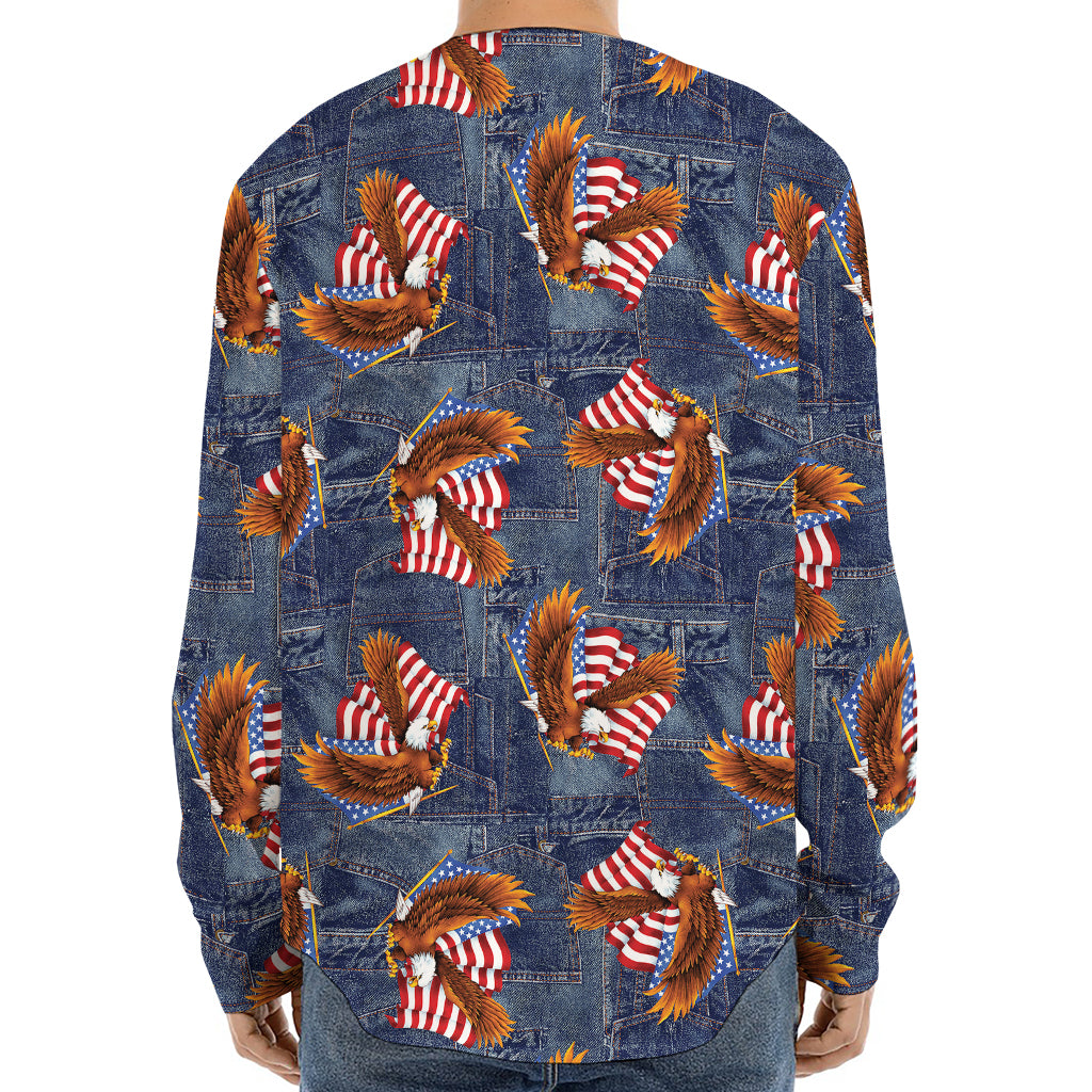 Denim American Eagle Pattern Print Long Sleeve Baseball Jersey