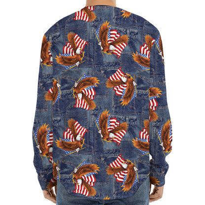 Denim American Eagle Pattern Print Long Sleeve Baseball Jersey