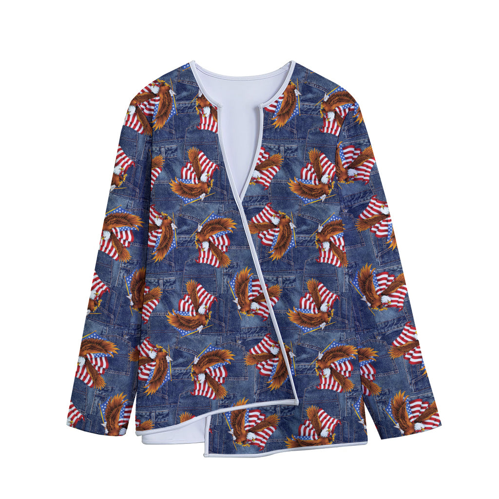 Denim American Eagle Pattern Print Long Sleeve Short Coat