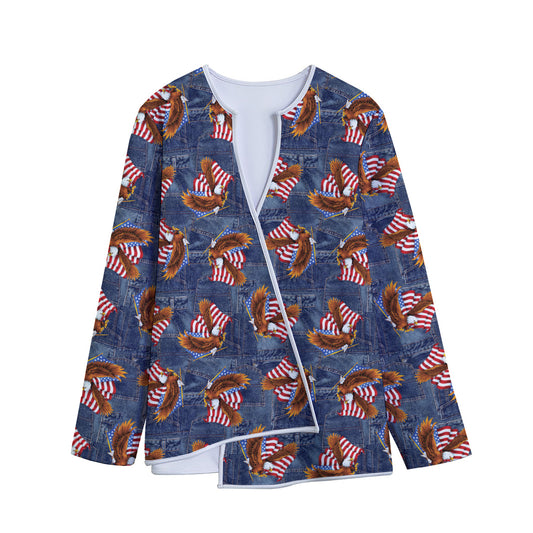 Denim American Eagle Pattern Print Long Sleeve Short Coat