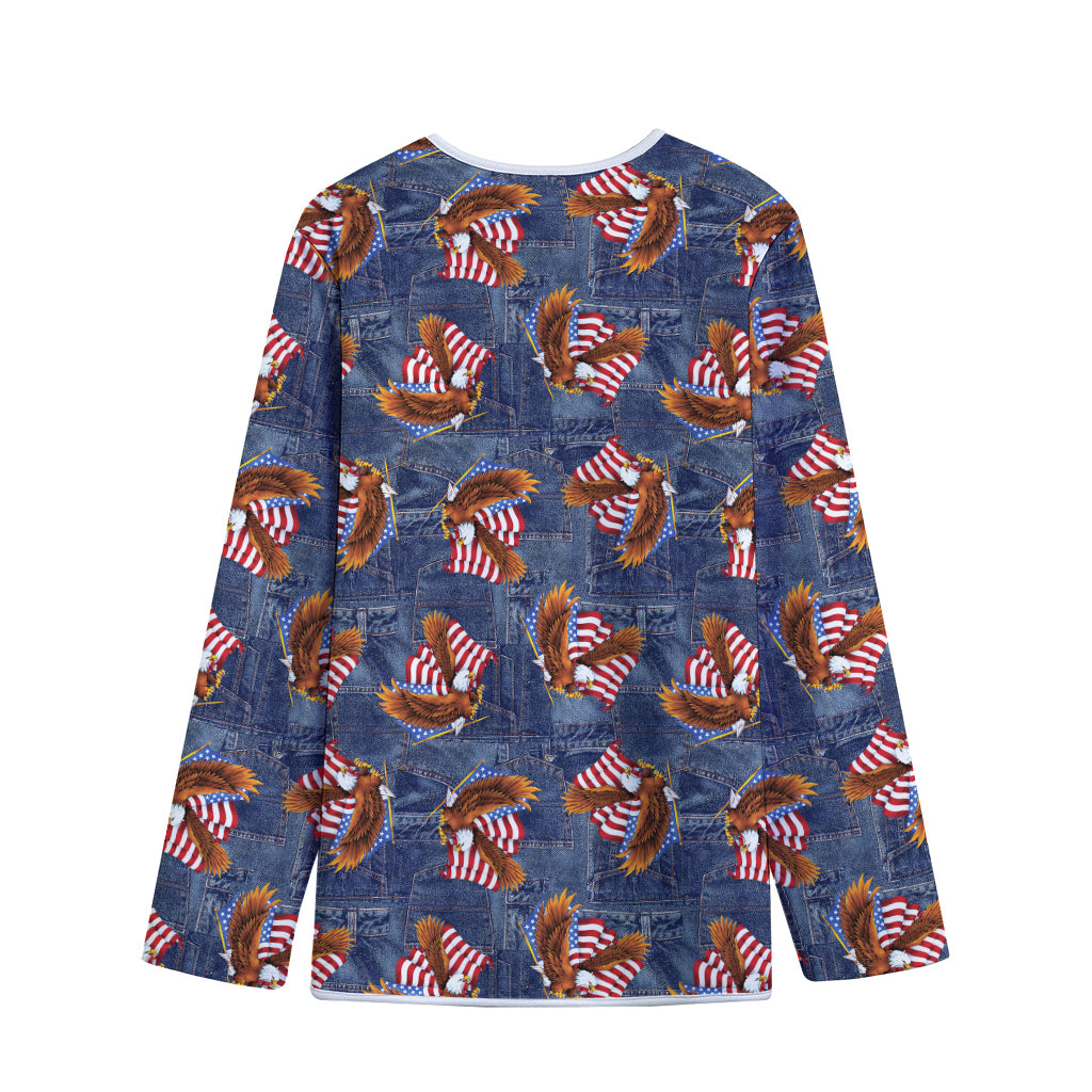 Denim American Eagle Pattern Print Long Sleeve Short Coat