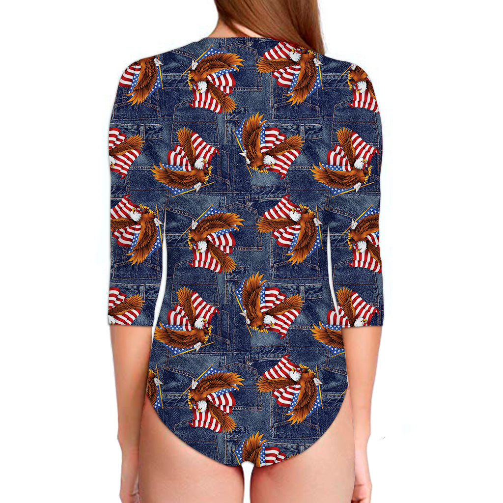 Denim American Eagle Pattern Print Long Sleeve Swimsuit