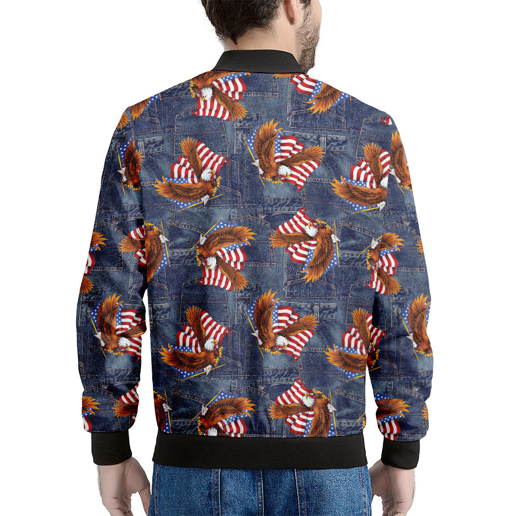 Denim American Eagle Pattern Print Men's Bomber Jacket