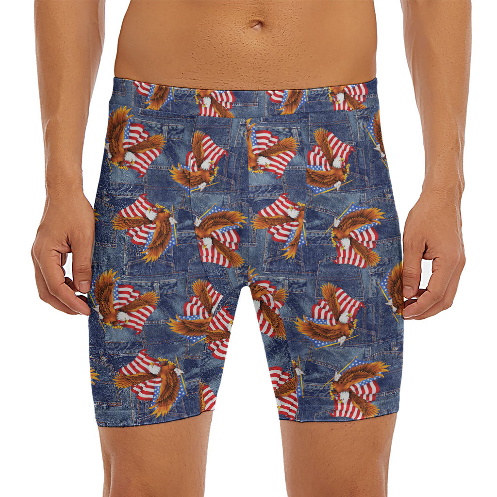 Denim American Eagle Pattern Print Men's Long Boxer Briefs