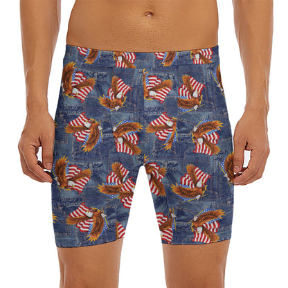 Denim American Eagle Pattern Print Men's Long Boxer Briefs