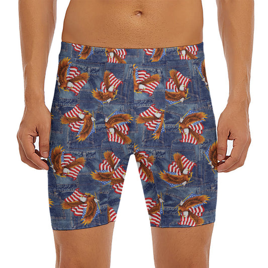 Denim American Eagle Pattern Print Men's Long Boxer Briefs