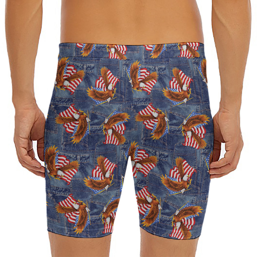 Denim American Eagle Pattern Print Men's Long Boxer Briefs