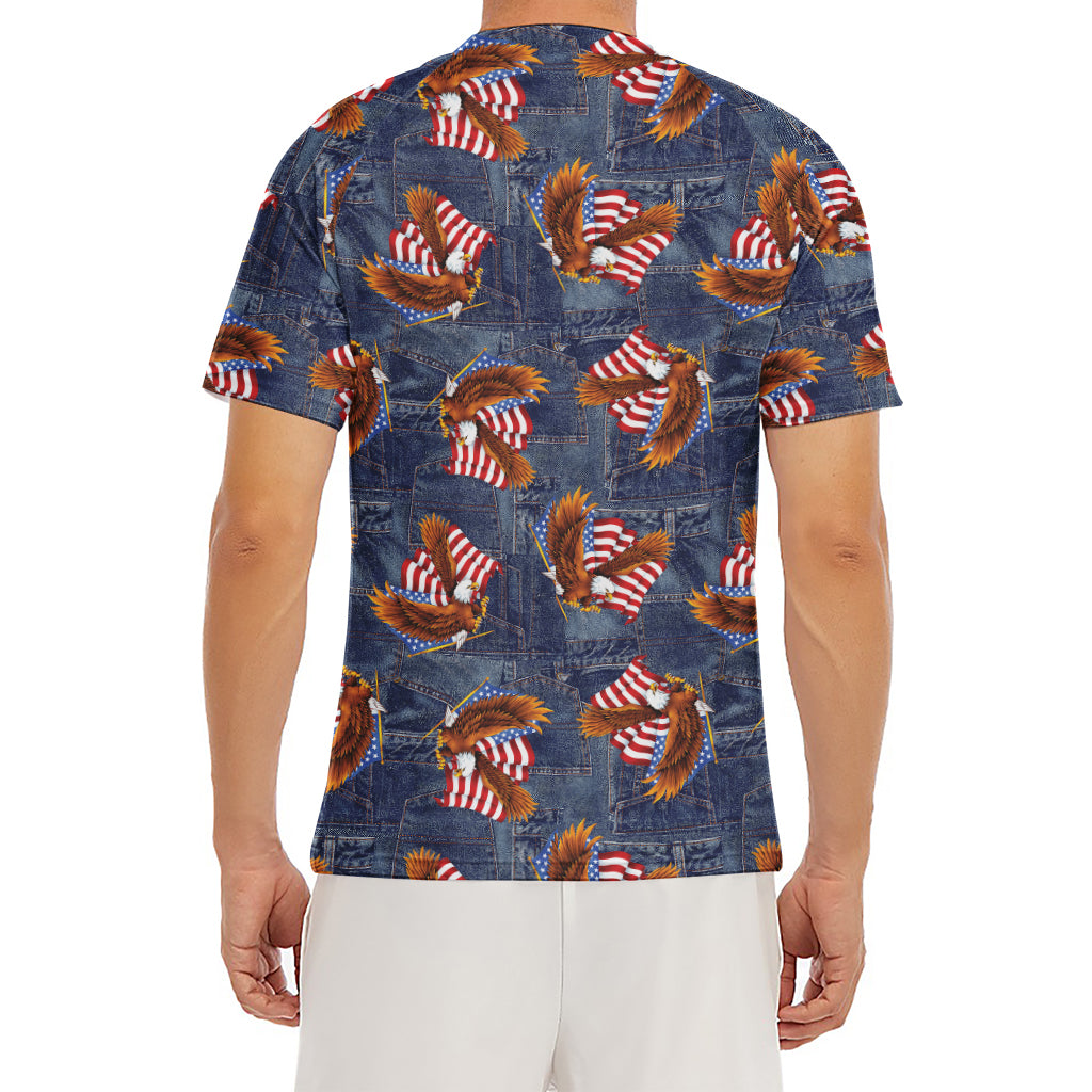 Denim American Eagle Pattern Print Men's Short Sleeve Rash Guard