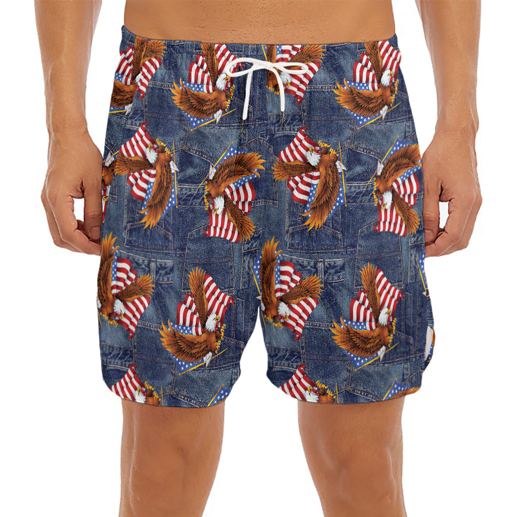 Denim American Eagle Pattern Print Men's Split Running Shorts