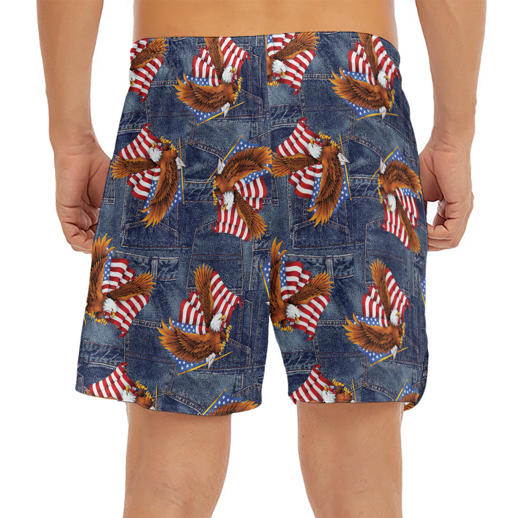 Denim American Eagle Pattern Print Men's Split Running Shorts