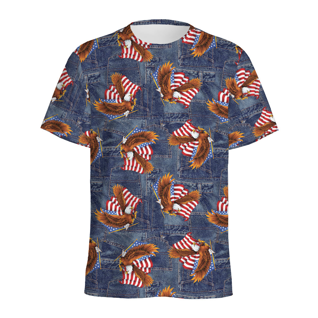 Denim American Eagle Pattern Print Men's Sports T-Shirt