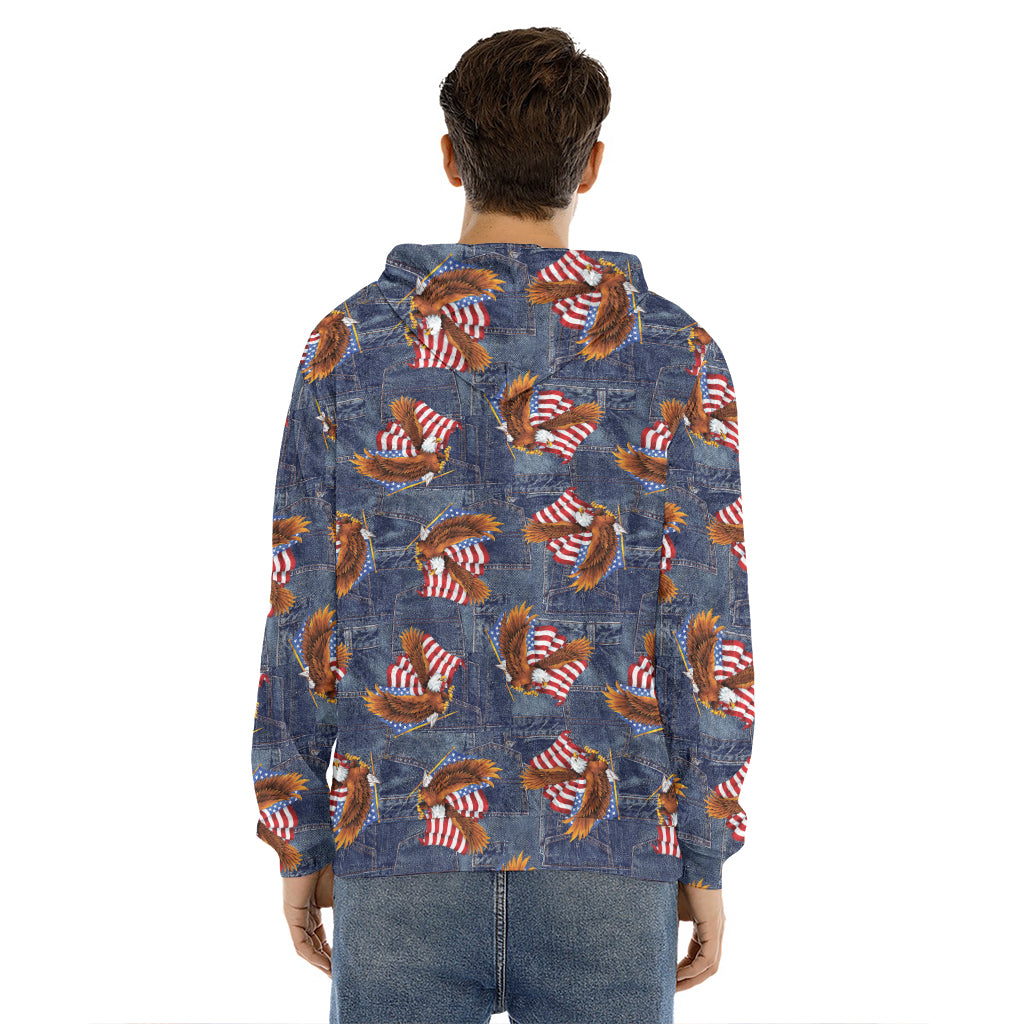 Denim American Eagle Pattern Print Men's Velvet Pullover Hoodie