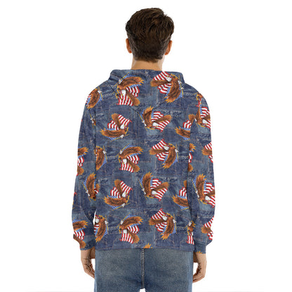 Denim American Eagle Pattern Print Men's Velvet Pullover Hoodie