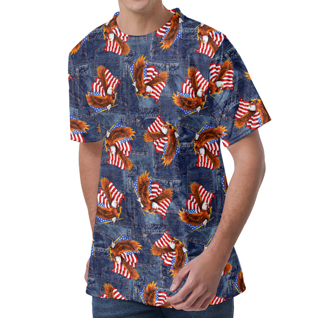 Denim American Eagle Pattern Print Men's Velvet T-Shirt