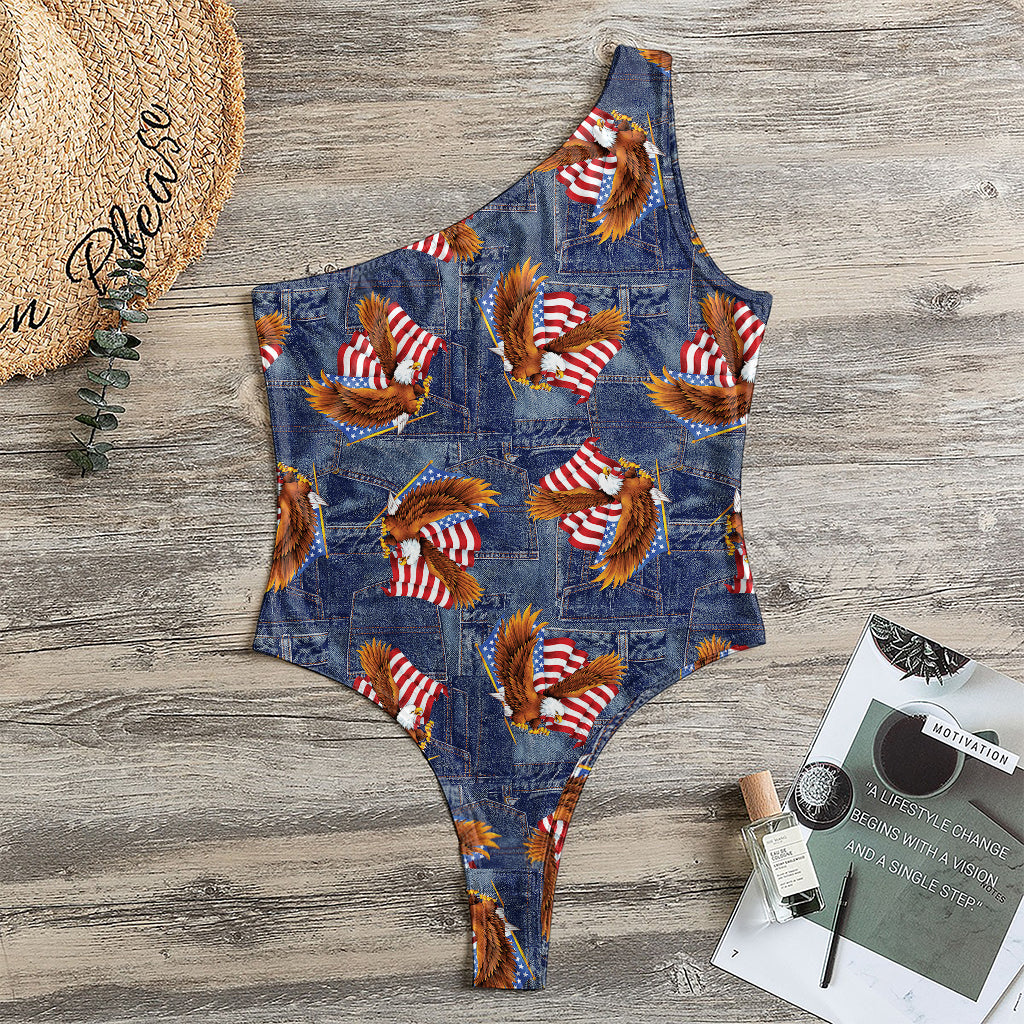 Denim American Eagle Pattern Print One Shoulder Bodysuit