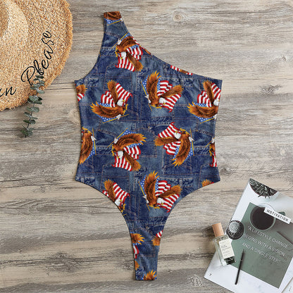 Denim American Eagle Pattern Print One Shoulder Bodysuit