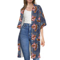 Denim American Eagle Pattern Print Open Front Beach Cover Up