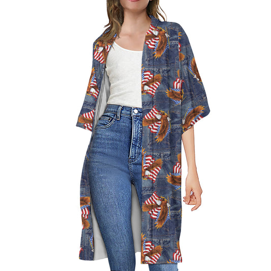 Denim American Eagle Pattern Print Open Front Beach Cover Up