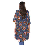 Denim American Eagle Pattern Print Open Front Beach Cover Up