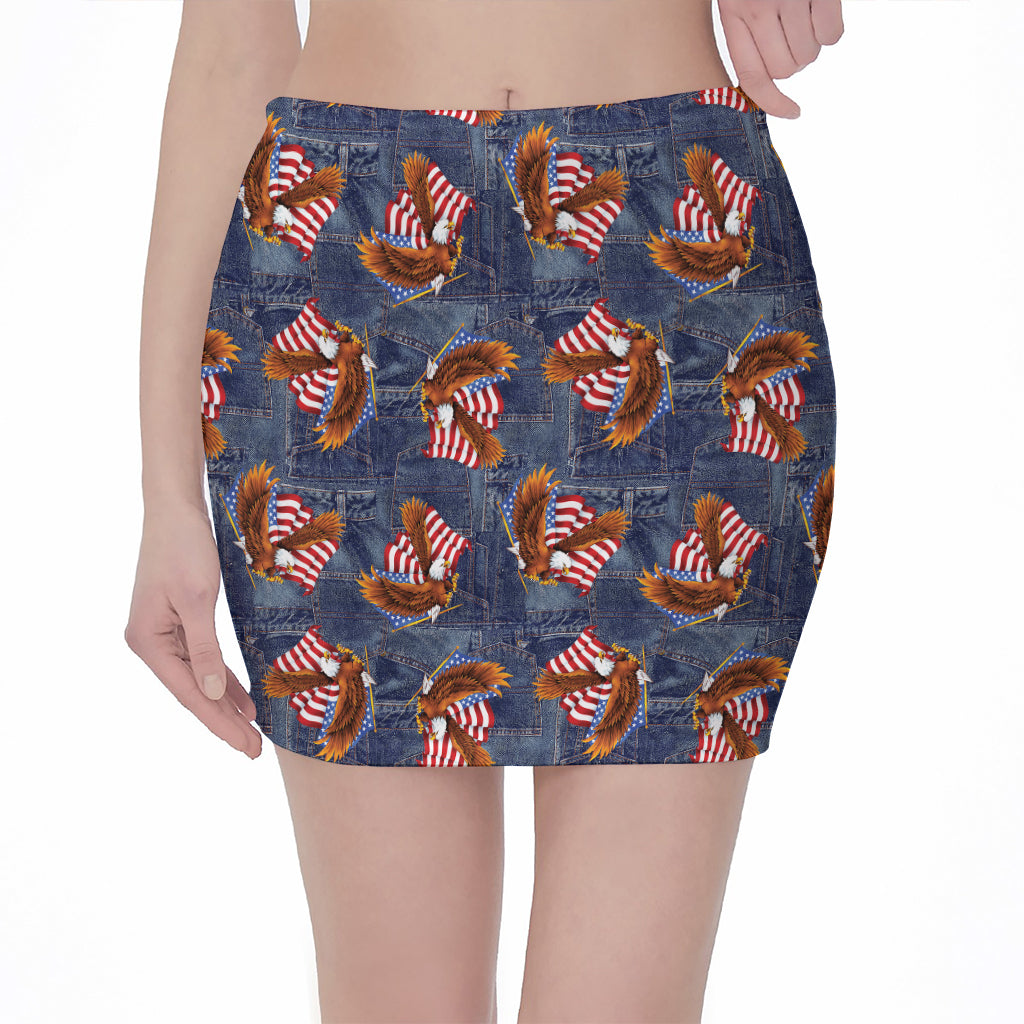 Denim American Eagle Pattern Print Pencil Mini Skirt
