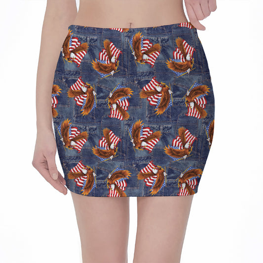 Denim American Eagle Pattern Print Pencil Mini Skirt