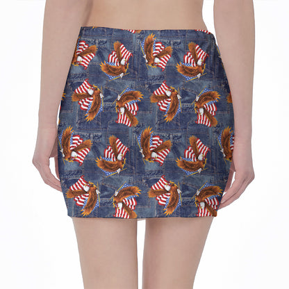 Denim American Eagle Pattern Print Pencil Mini Skirt