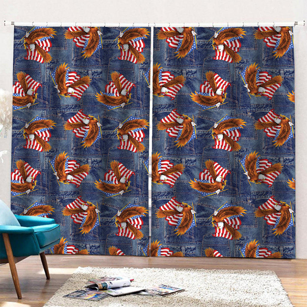 Denim American Eagle Pattern Print Pencil Pleat Curtains