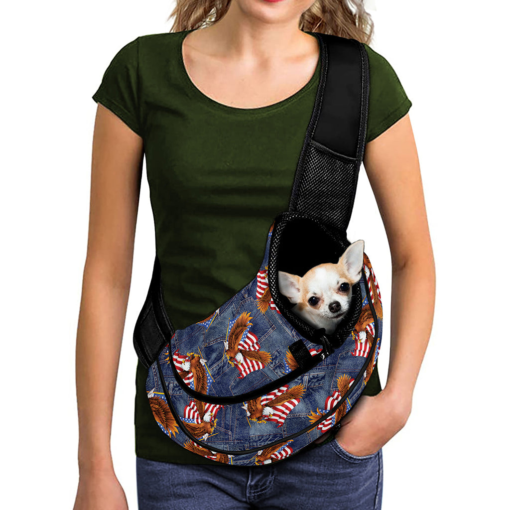 Denim American Eagle Pattern Print Pet Sling Carrier