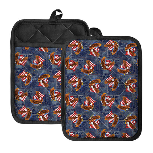 Denim American Eagle Pattern Print Pot Holders With Pocket