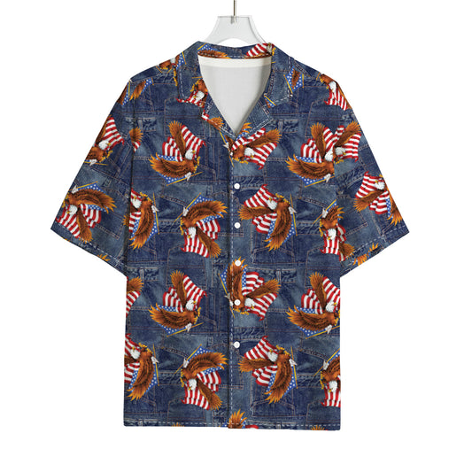 Denim American Eagle Pattern Print Rayon Hawaiian Shirt
