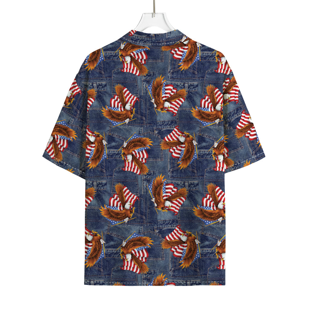 Denim American Eagle Pattern Print Rayon Hawaiian Shirt