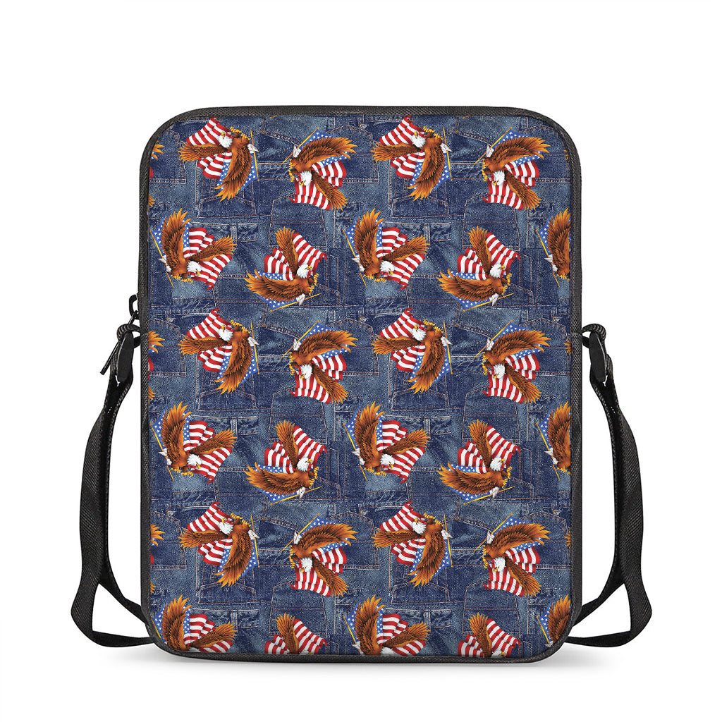 Denim American Eagle Pattern Print Rectangular Crossbody Bag