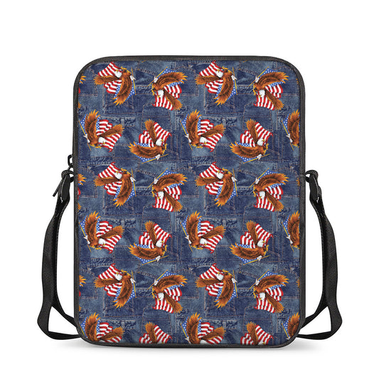 Denim American Eagle Pattern Print Rectangular Crossbody Bag