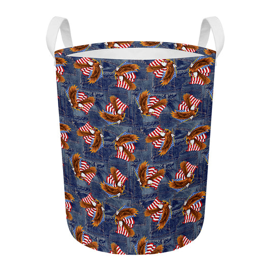 Denim American Eagle Pattern Print Round Laundry Basket