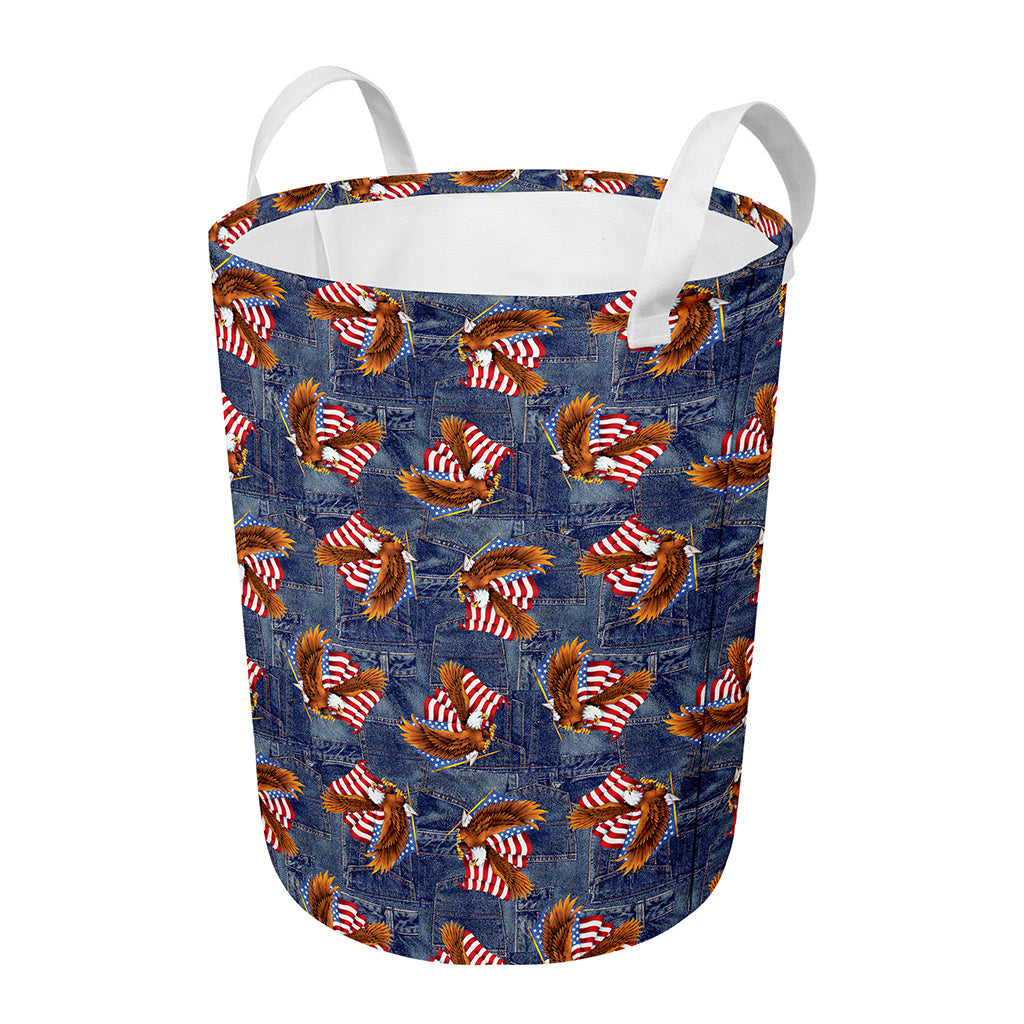Denim American Eagle Pattern Print Round Laundry Basket