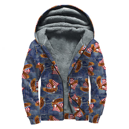 Denim American Eagle Pattern Print Sherpa Lined Zip Up Hoodie