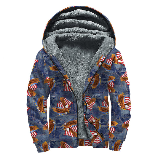 Denim American Eagle Pattern Print Sherpa Lined Zip Up Hoodie