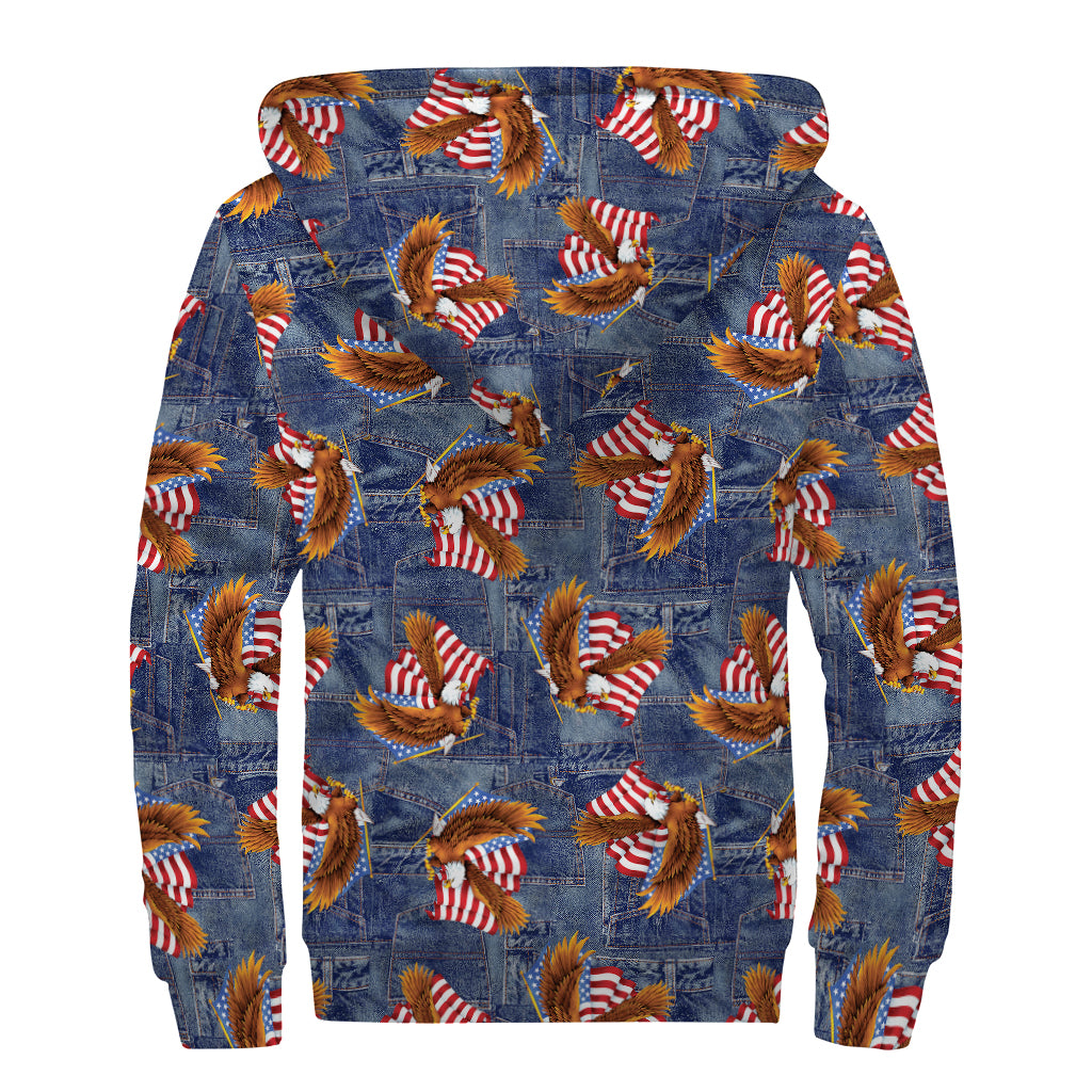 Denim American Eagle Pattern Print Sherpa Lined Zip Up Hoodie