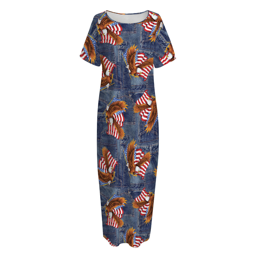 Denim American Eagle Pattern Print Short Sleeve Long Nightdress