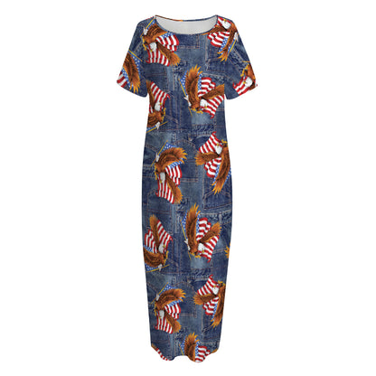 Denim American Eagle Pattern Print Short Sleeve Long Nightdress