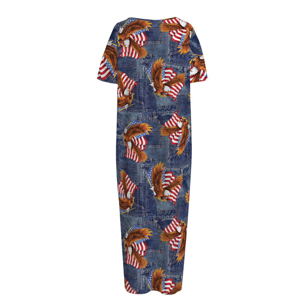 Denim American Eagle Pattern Print Short Sleeve Long Nightdress