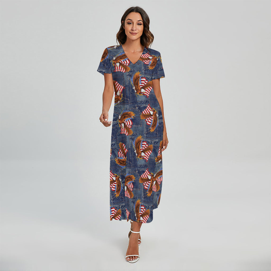 Denim American Eagle Pattern Print Short Sleeve Maxi Dress