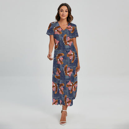 Denim American Eagle Pattern Print Short Sleeve Maxi Dress
