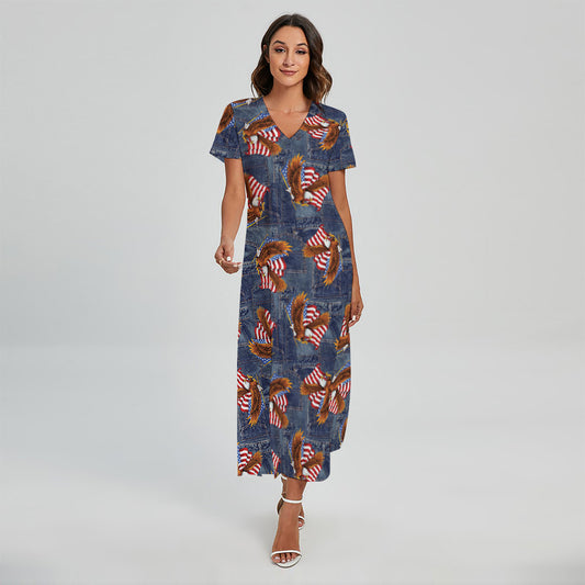 Denim American Eagle Pattern Print Short Sleeve Maxi Dress