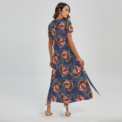 Denim American Eagle Pattern Print Short Sleeve Maxi Dress